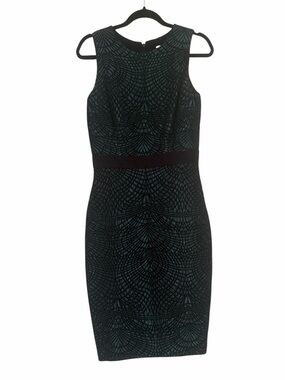 Badgley Mischka Sleeveless Black and Teal Patterned Sheath Dress